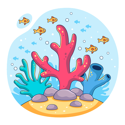 Colorful underwater scene with coral and fish on a white background