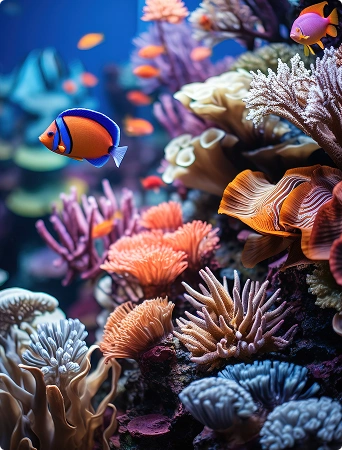 Colorful coral reef with various corals and a fish swimming among them.