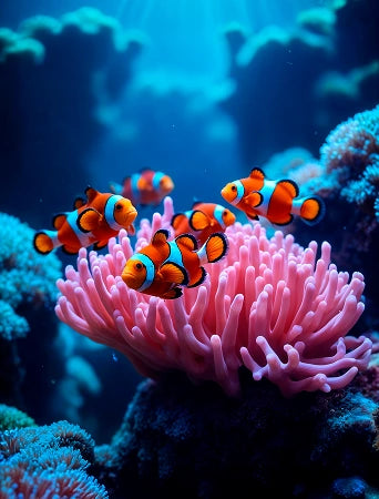Clownfish on a pink coral in an underwater setting