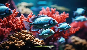 Colorful fish swimming among coral and sea plants in an aquarium setting