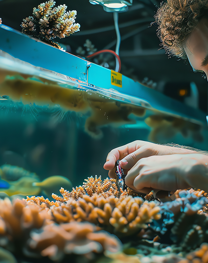 Person interacting with coral in an aquarium setting