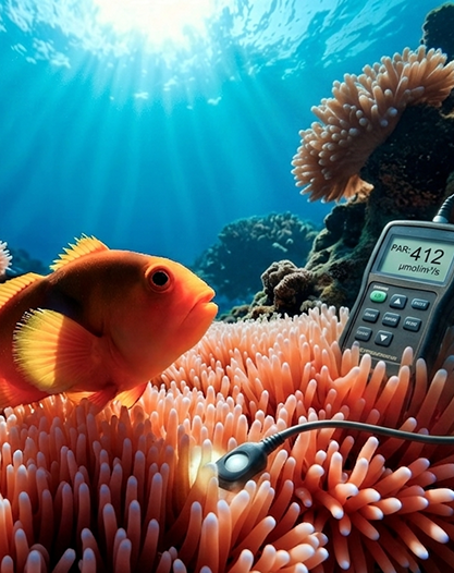 Orange clownfish on a coral with a PAR meter measuring light levels underwater.