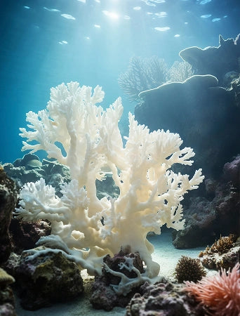 White coral structure on a coral reef with sunlight filtering through the water.